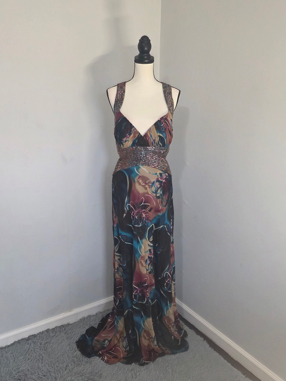 Dave & Johnny Multi-Color Floral Beaded Waist Maxi Dress
